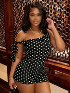Polka Dot Playsuit With Tassel Details Sleeveless Low-Neck