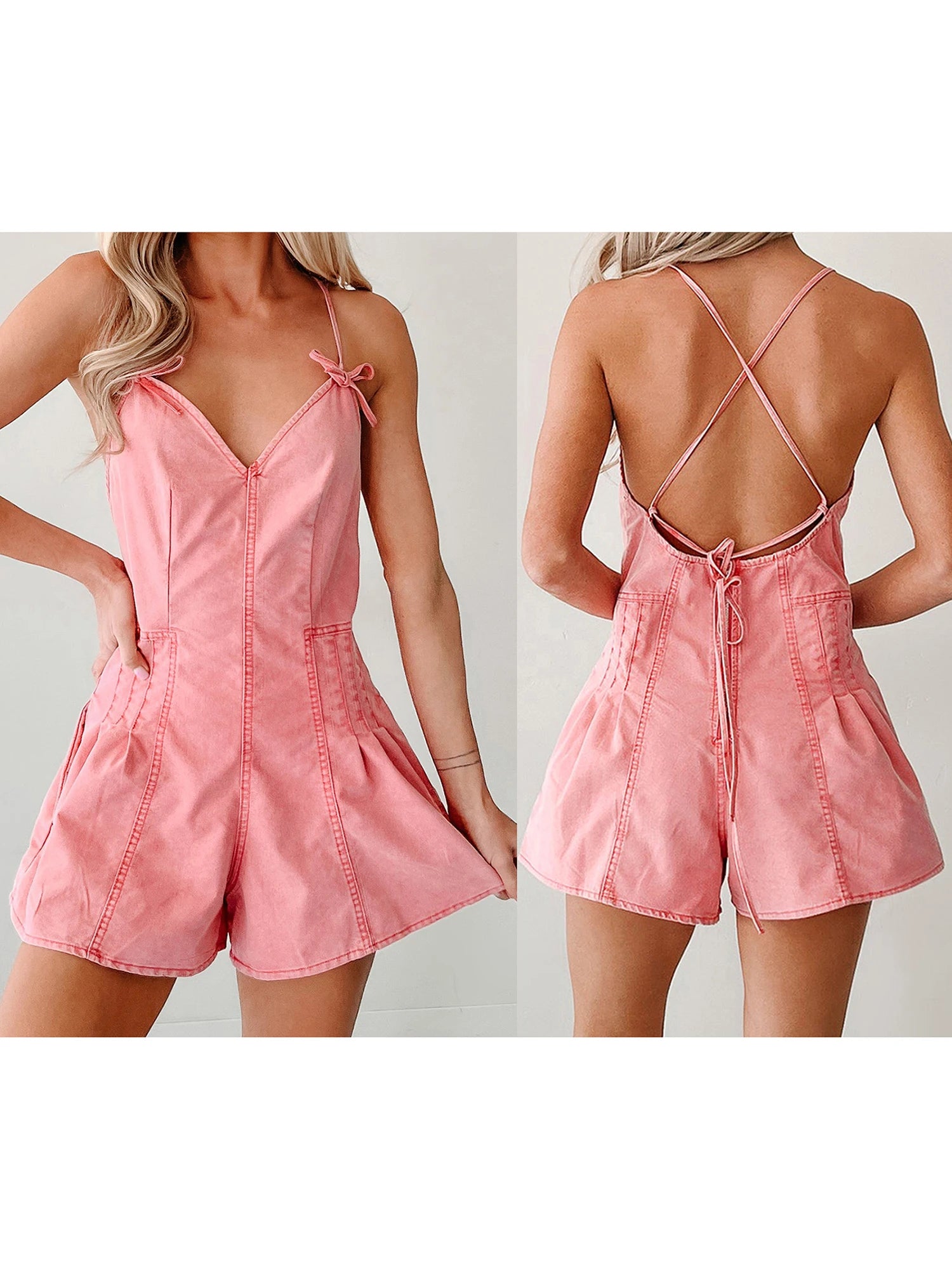 Breezy Solid Spaghetti Strap Jumpsuit With V Neck Sleeveless Wide Leg Denim Shorts Playsuit