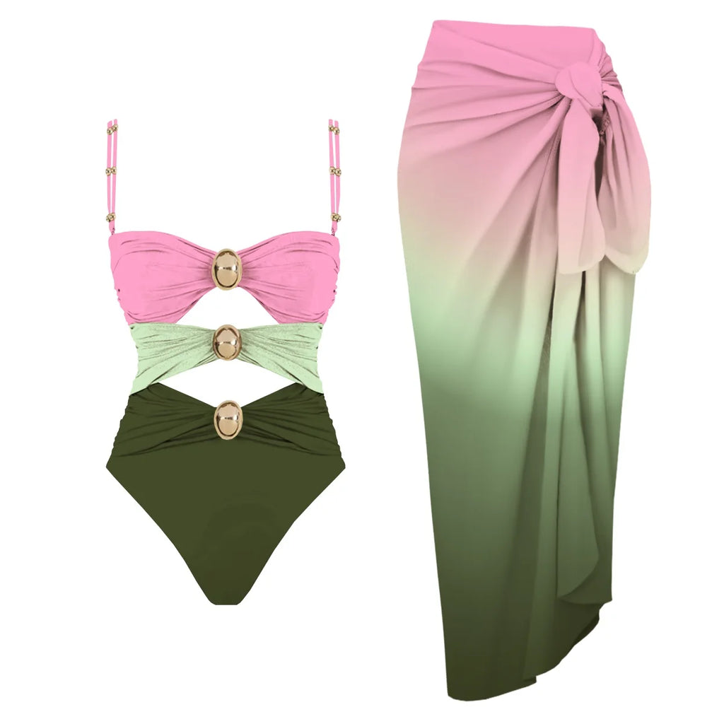 Off Shoulder Patchwork Belted One Piece Swimsuit With Cover Up for Beachside