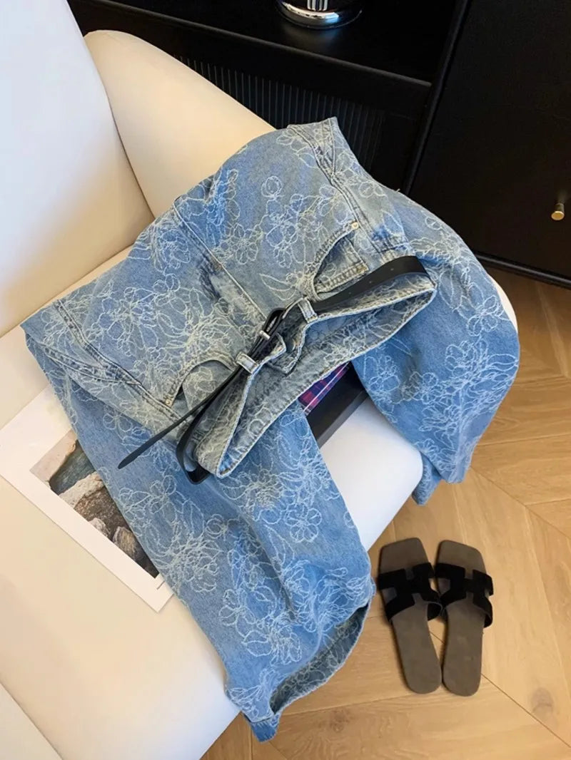 Embroidered Denim Wide Leg Jeans With Loose Fit