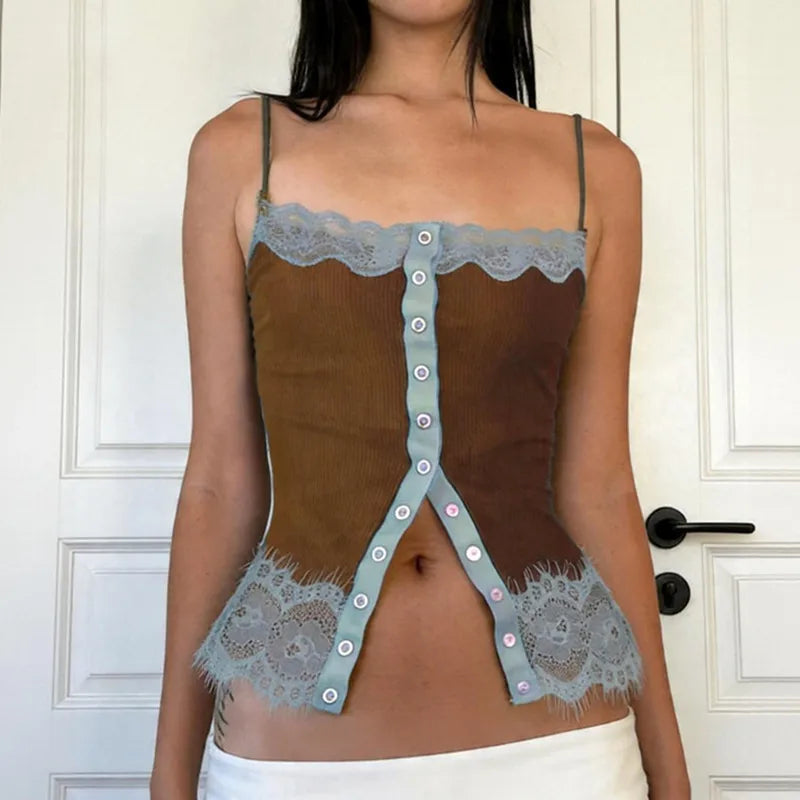 Lace Trim Spaghetti Strap Camisole With Front Button V Neck
