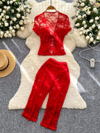 Airy Mesh Tie Up Cardigan Top And Capri Pencil Pants Set