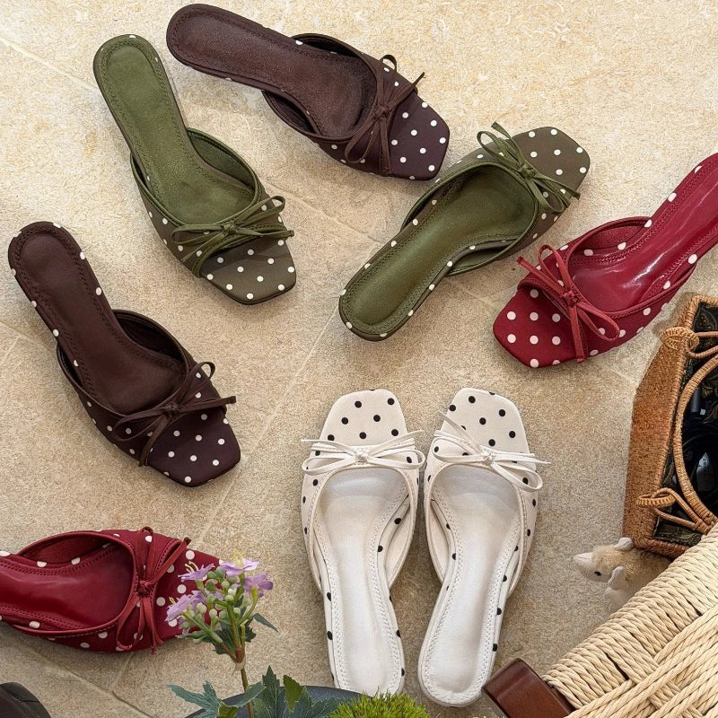 Elegant Polka Dot Satin Slippers With Square Toe And Butterfly Knot