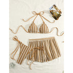 Retro Striped 3 Pieces Knitted Mesh String Bikini Set Swimsuit