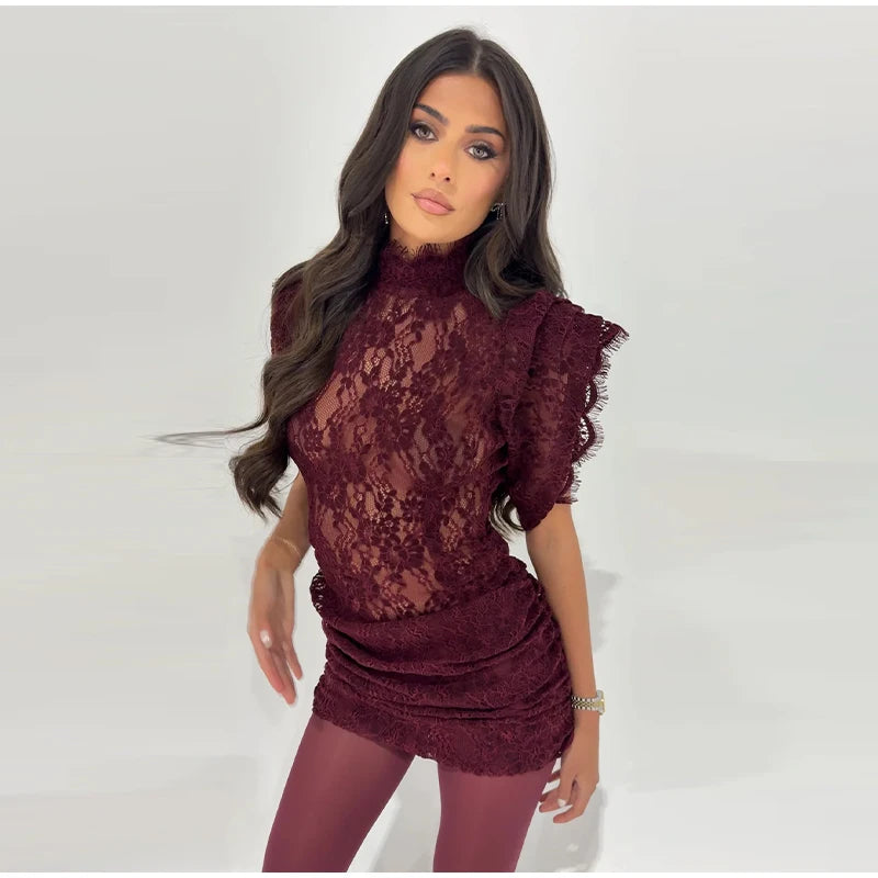 Lace Sheer Party Dress With Pleated Patchwork And Flutter Sleeves For Elegant Evenings