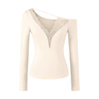 Lace Splice Long Sleeve Vneck Top For Night Out Chic
