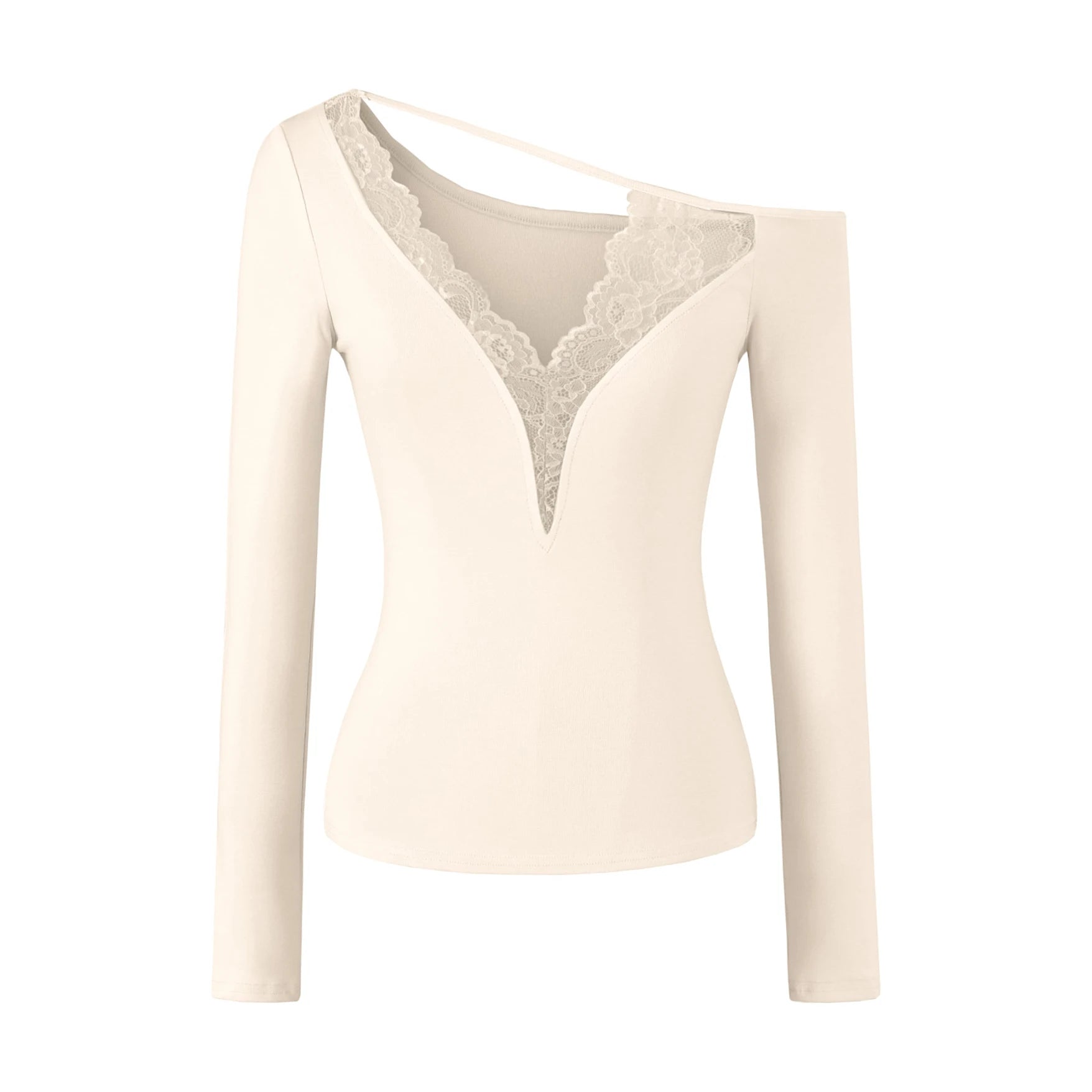 Lace Splice Long Sleeve Vneck Top For Night Out Chic