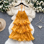 Cascading Ruffles Lace Up Halter Backless Dress