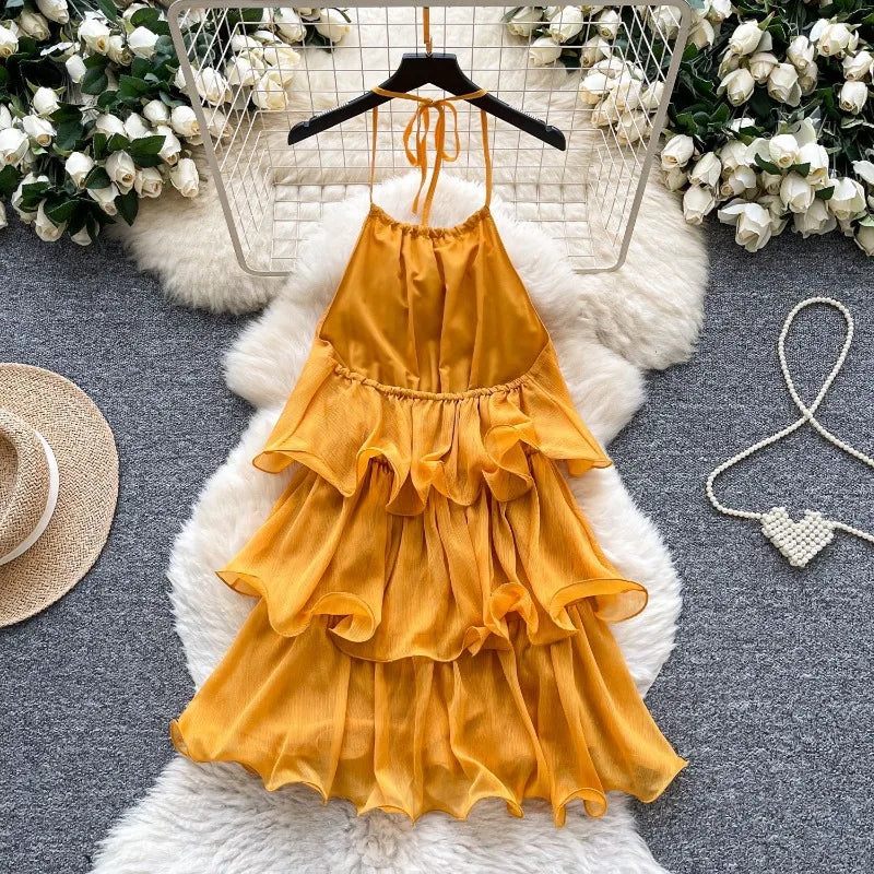 Cascading Ruffles Lace Up Halter Backless Dress