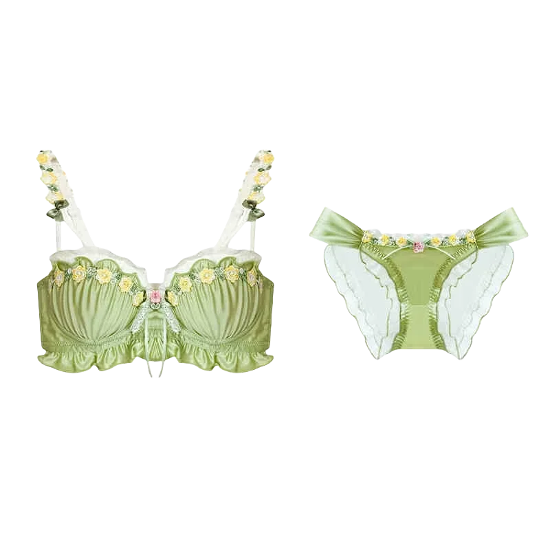 Retro Embroidered Luxurious Silk Satin Underwear Lace Sexy Top & Bra Set