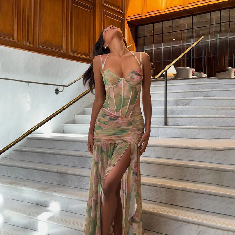 Elegant Floral Spaghetti Strap Maxi Dress With Backless High Split Ruched Silhouette