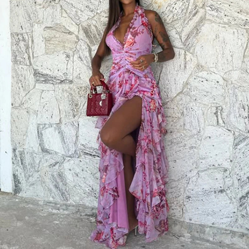 Elegant Patterned Dress With Lace Up Halter Neck Slim Long Silhouette And Ruffle Detail