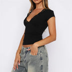 Lady Camisole Slim Fit Crop Top Summer Lace Trim Shirt Short Sleeve V Neck Tee