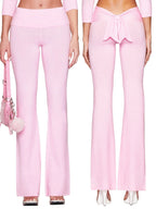 Boutique Knit Flared Pants With Elastic Waist And Back Bow Detail Slim Fit Trousers