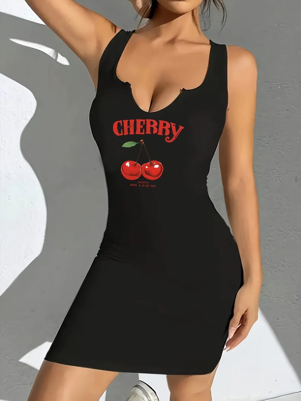 Cherry Print Sleeveless Dress With Round Neck Casual For Everyday