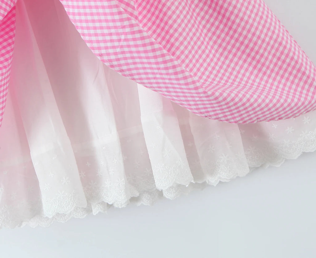 Pink Plaid Bow Sling With Lacing Up Detail For Women Slim Waist Ruched Skater Mini Dress