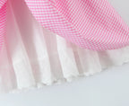 Pink Plaid Bow Sling With Lacing Up Detail For Women Slim Waist Ruched Skater Mini Dress