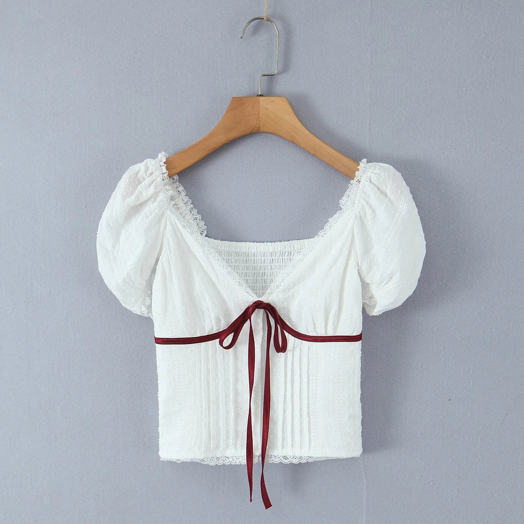 White Bow Detail Puff Sleeve V Neck Top With Vintage Charm And Flirty Slim Silhouette