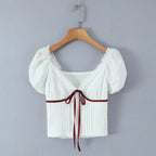 White Bow Detail Puff Sleeve V Neck Top With Vintage Charm And Flirty Slim Silhouette
