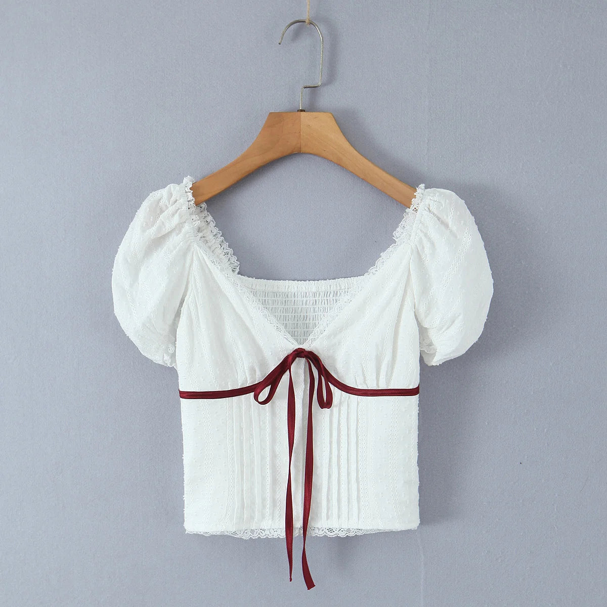 White Bow Detail Puff Sleeve V Neck Top With Vintage Charm And Flirty Slim Silhouette