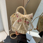 Lace Bow Straw Weave Crossbody Bag Summer Beach Style Small Bucket Elegant And Lightweight