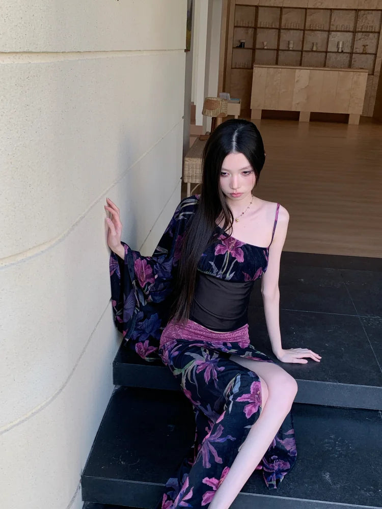 Floral Vintage Velour Off Shoulder Two Piece Set