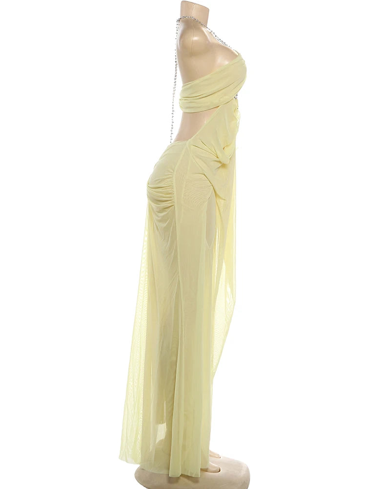 Sheer Halter Gown With Chain Detailing Backless Sleeveless