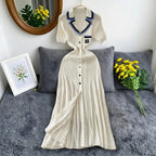 Vintage Inspired Turn Down Collar Knit Maxi Shirt Dress