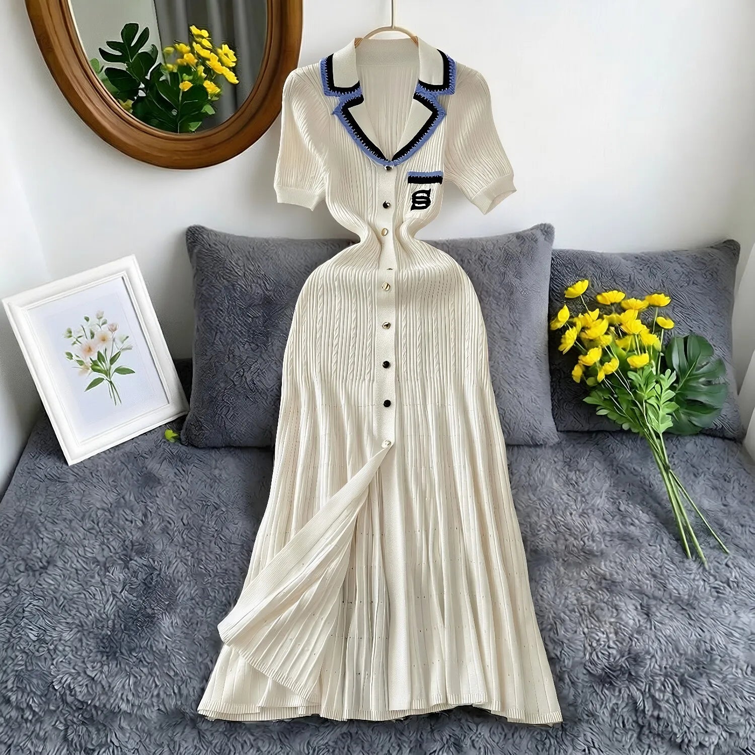 Vintage Inspired Turn Down Collar Knit Maxi Shirt Dress