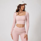 Women Shirts Long Sleeve for Yoga Crop Top Square Neck Workout Clothing with Chest Pads Fitness