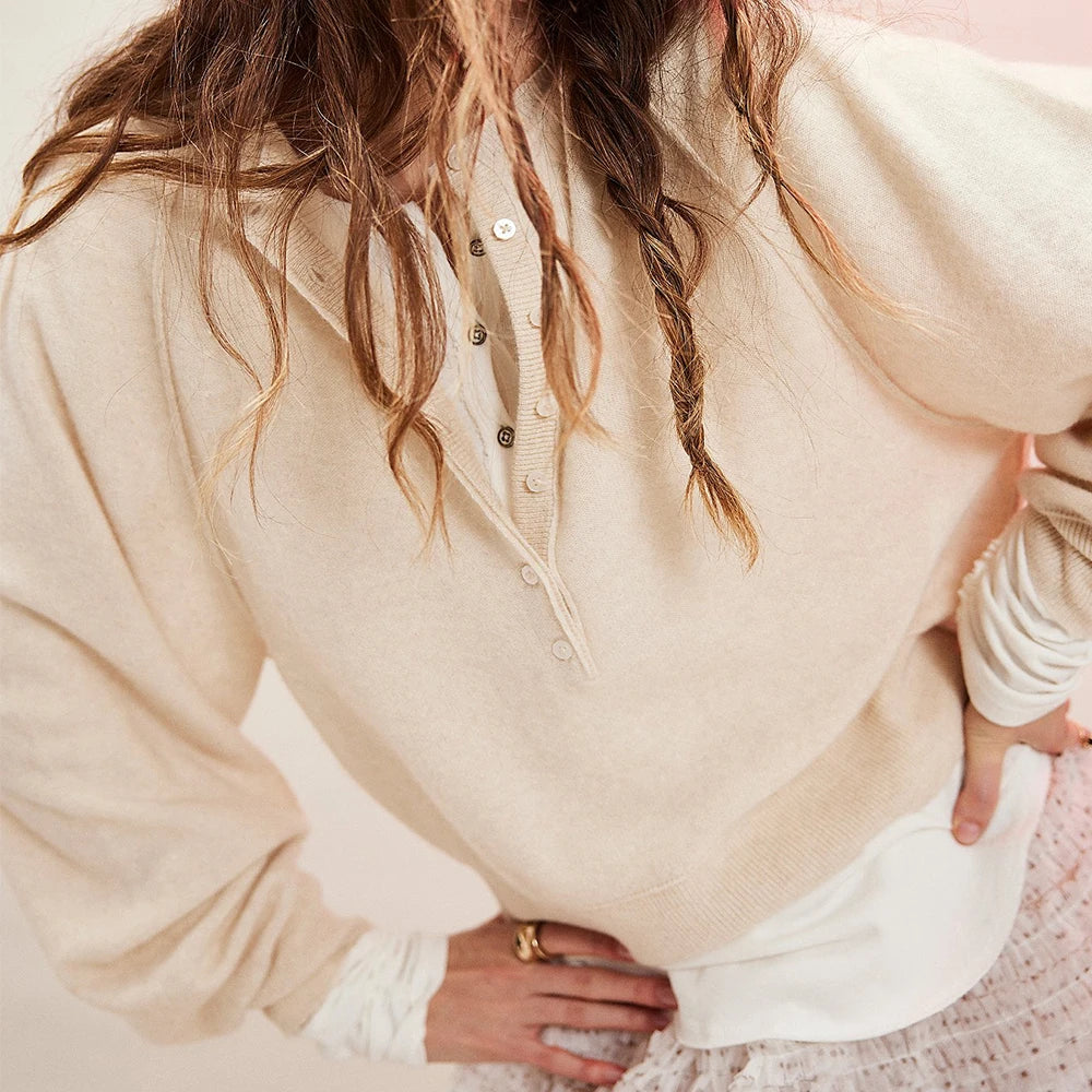 Vintage Long Sleeve O-neck Pullover Sweaters Preppy Solid Button Loose Fits Knitwear