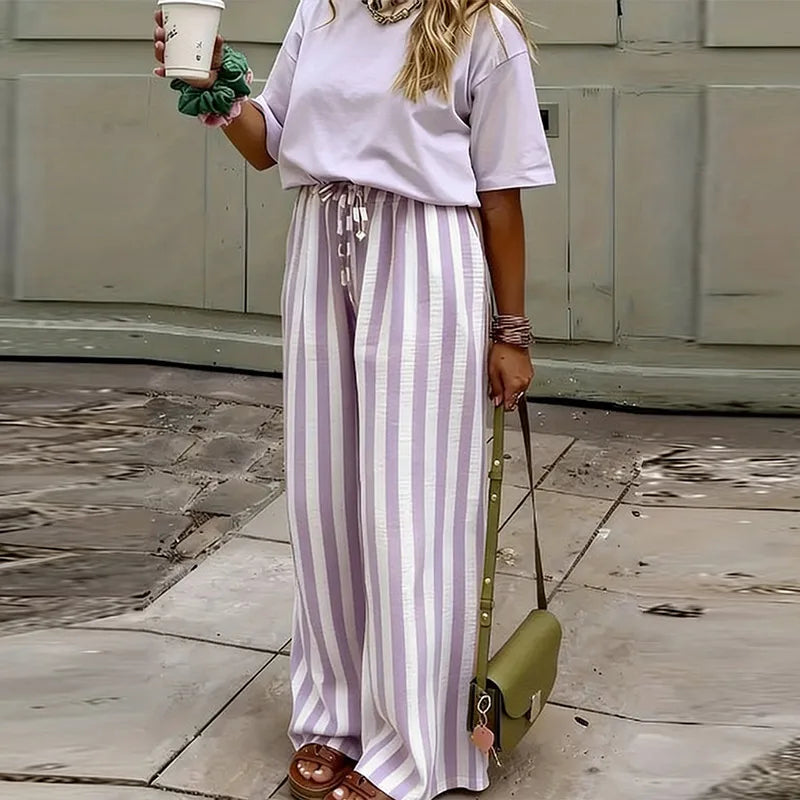 Relaxed Striped Pants For Women With Elastic Waist And Lace Up Detail Wide Leg Straight Trousers