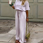 Relaxed Striped Pants For Women With Elastic Waist And Lace Up Detail Wide Leg Straight Trousers
