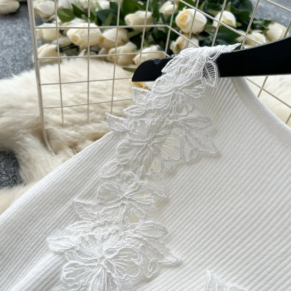 French Style Lace Knit Sleeveless Bodycon Maxi Dress