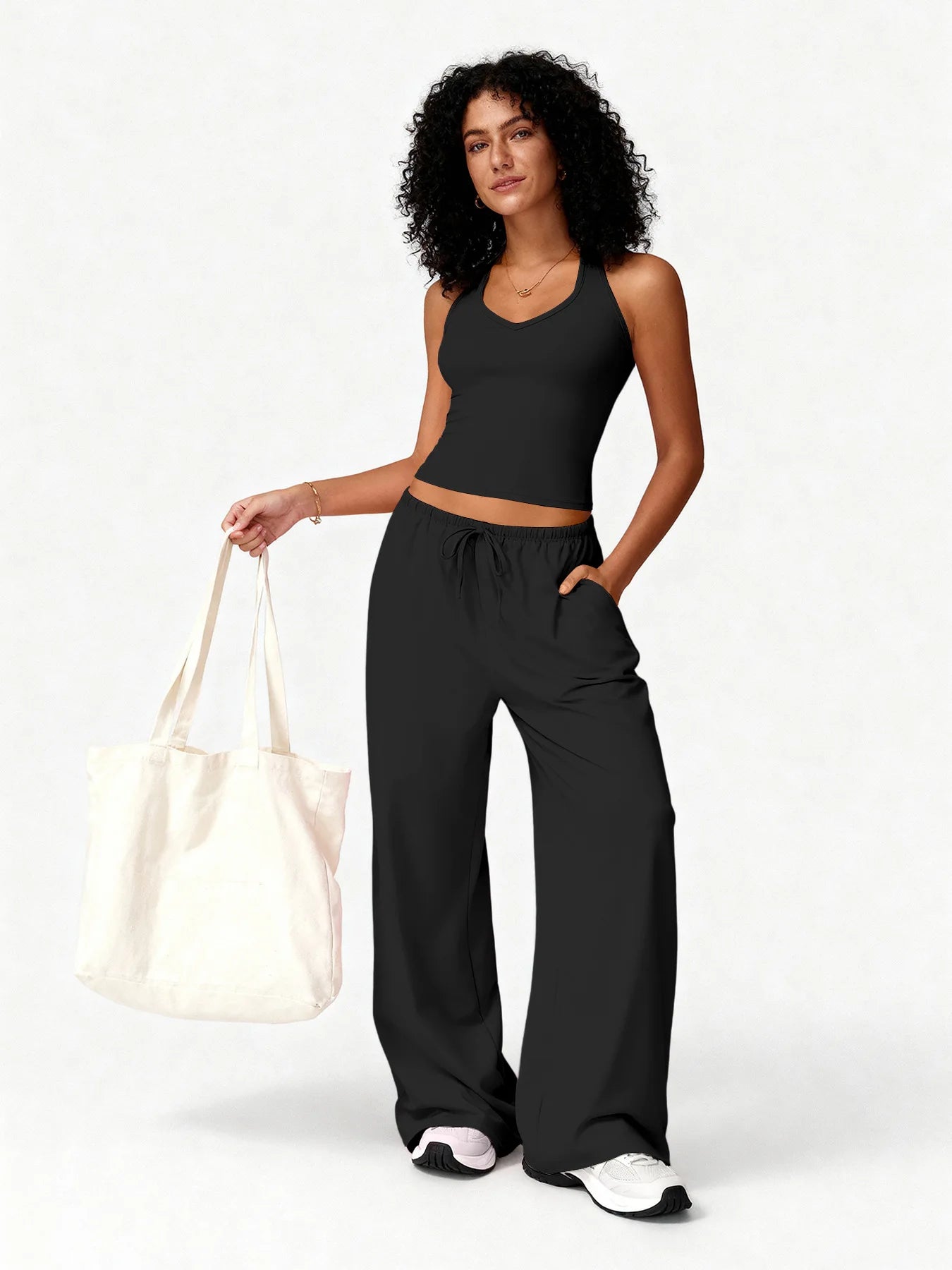 Two Piece Set With Sleek V Neck Tank Backless Detail And Wide Leg Pants