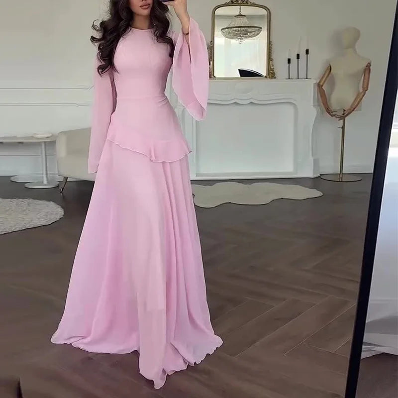 Flare Sleeve Maxi Dress With Ruffle Detail O Neck High Waist Pleated