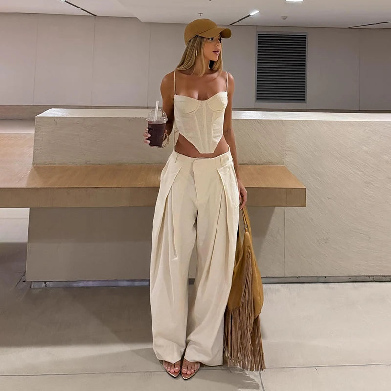 Chic Strips Pants Women Set Patchwork Slash Neck Bandage Top Pleated Asymmetry Trousers