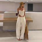 Chic Strips Pants Women Set Patchwork Slash Neck Bandage Top Pleated Asymmetry Trousers