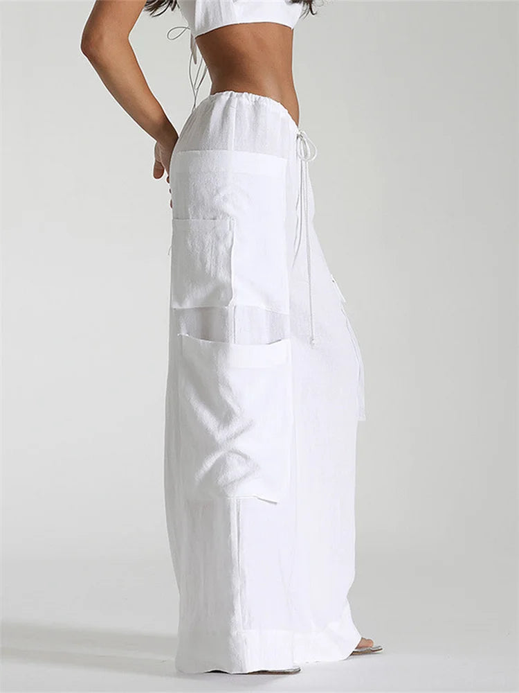 Streetwear Vibe Wide Leg Cargo Pants With Pockets And Drawstring Waist For Women