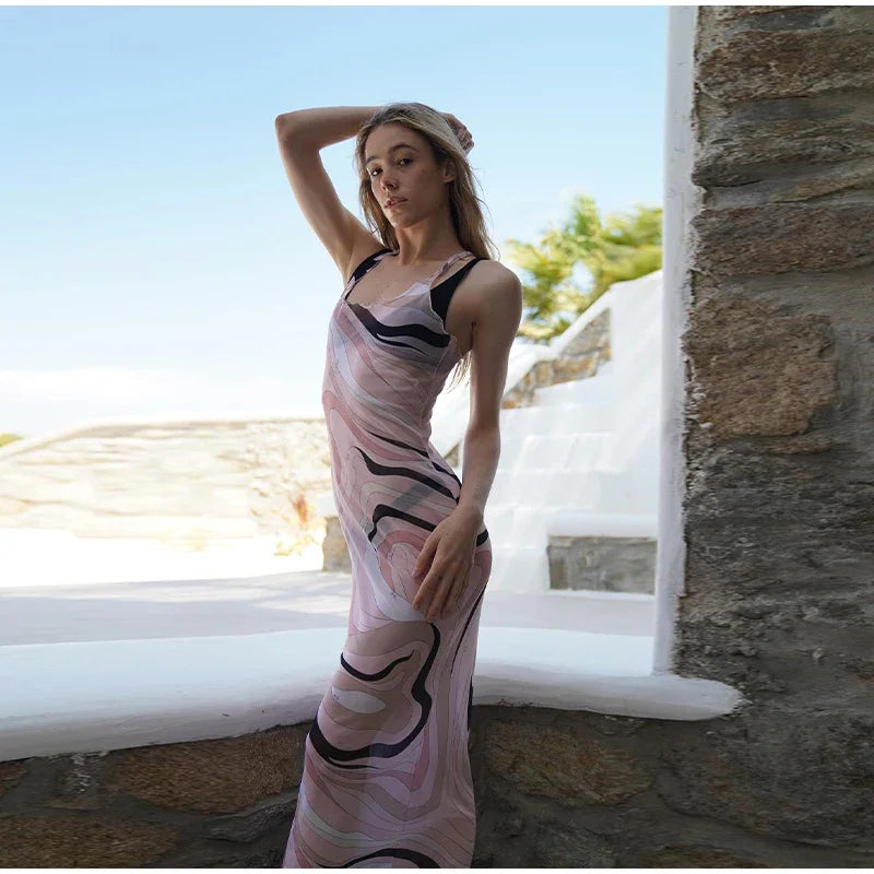 Sheer Mesh Body con Maxi Dress With Print