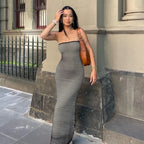Striped Knitted Strapless Maxi Dress For Women With Backless Design