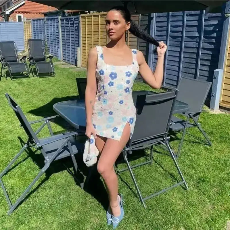 Floral Sequin Mini Dress With Spaghetti Straps
