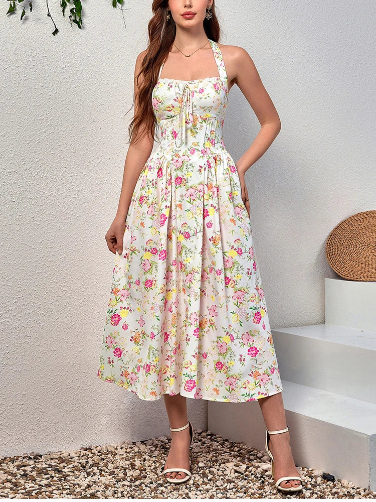 Floral Halter Midi Dress With Spaghetti Straps, Backless Corset Waist Tie Up Detail