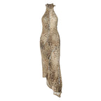 Leopard Print Turtleneck Sleeveless Backless Maxi Dress With Cutout Slit