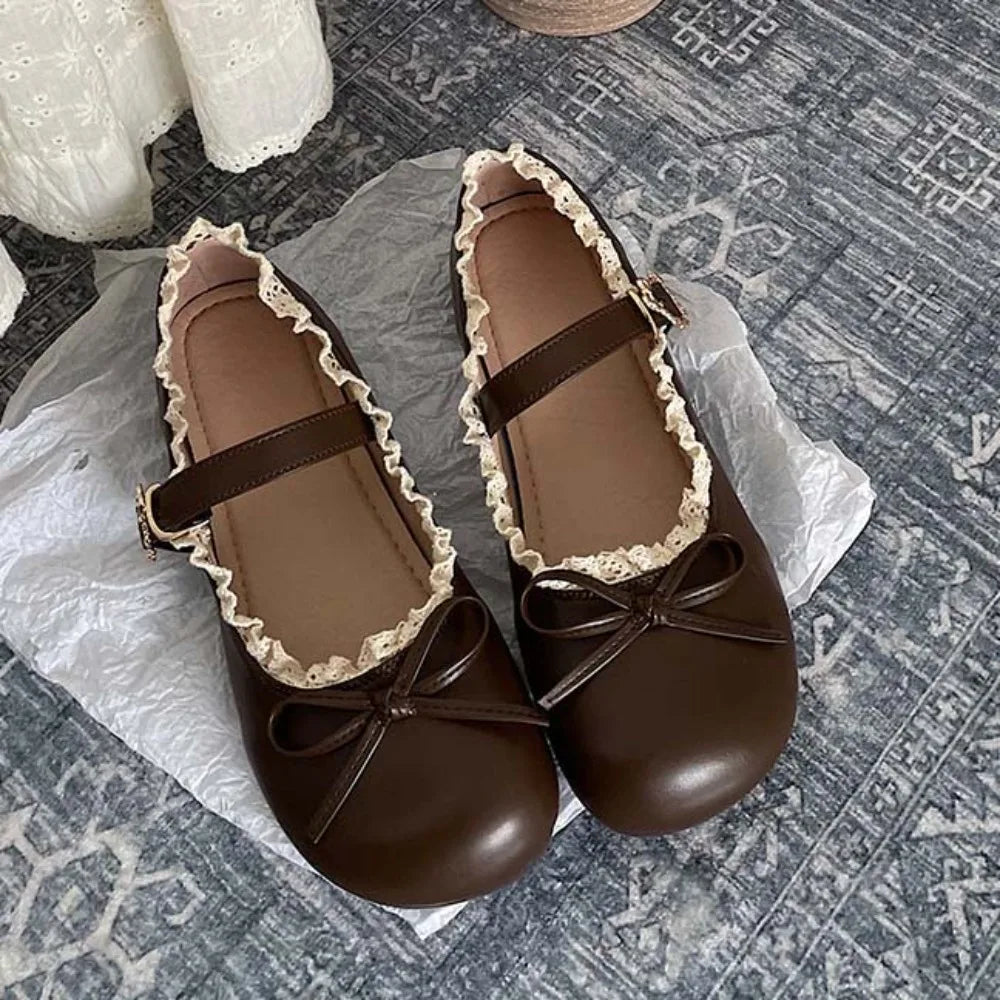 Lolita Inspired Mary Jane Flats With Bow Lace Pu Leather Soft Sole Slip On