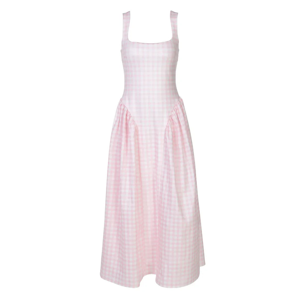 Gingham Square Neck A-Line Midi Dress With Pockets
