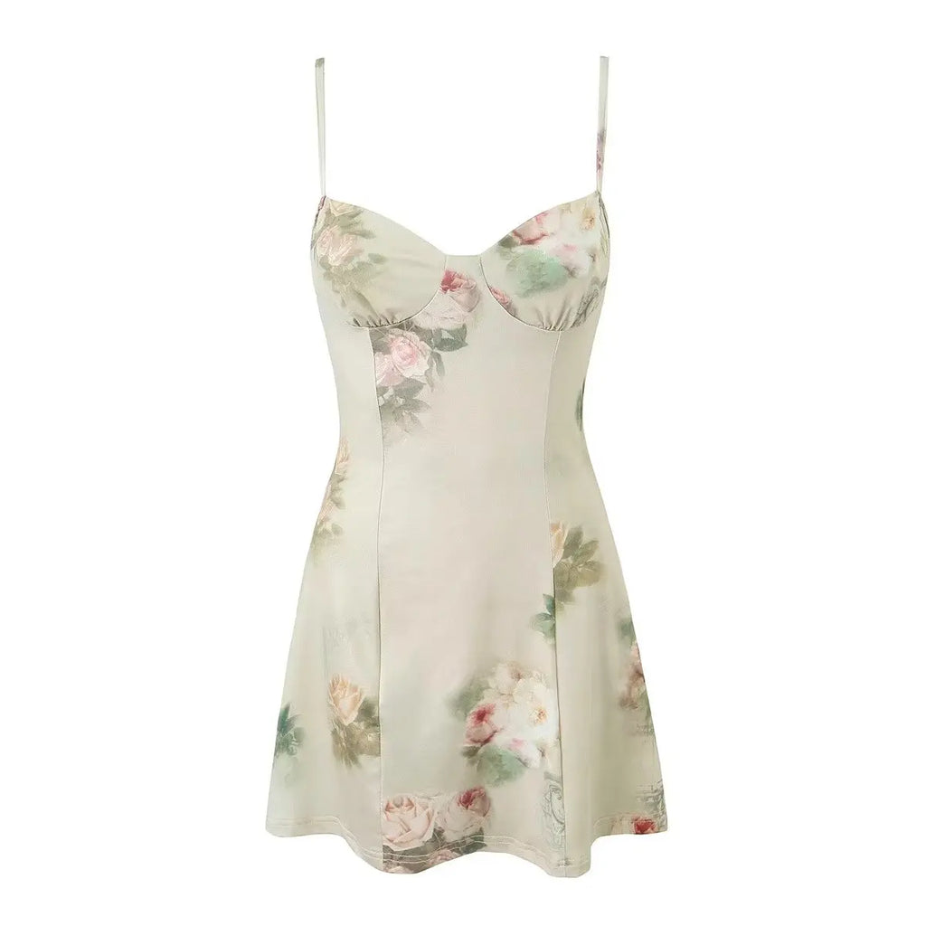 Women Vintage Floral Print Knit High Stretch Sling Mini Dress