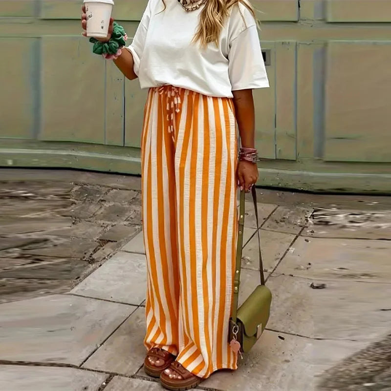 Relaxed Striped Pants For Women With Elastic Waist And Lace Up Detail Wide Leg Straight Trousers