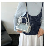 Denim Crossbody Bag With Embroidered Ruched Detailing And Subtle Rivet Accents