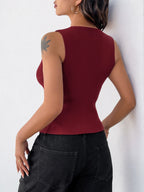 Red Sleeveless Hollowed Out Crop Tank Top With Frog Button Detail